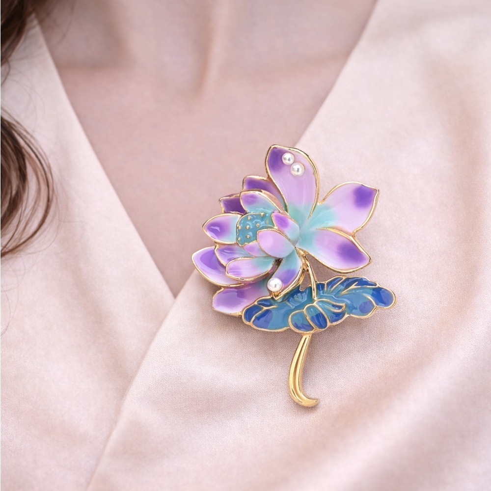 Purple Lotus Brooch Elegant Enamel Flower Pin View 6